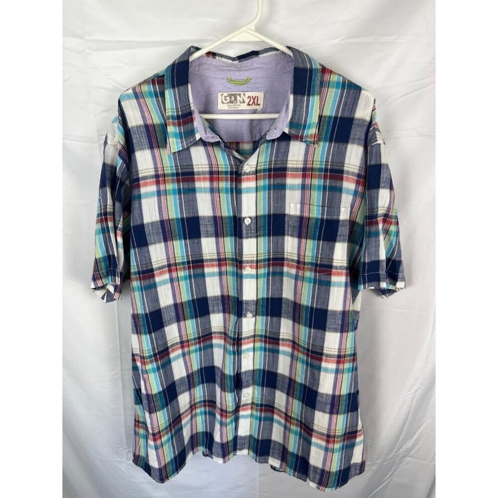 G&M Mens Button Down Short Blue White Sleeve Plaid Shirt Cotton  Size XL